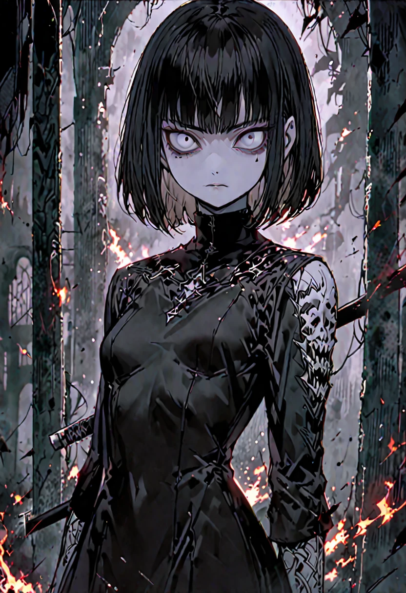 solo, female, sfw, medium shot, bob cut hair, black hair, long hair, straight hair, white skin, pale skin, undead, black eyes, sunken eyes, bags under eyes, dak aura:0.3, athletic, small breasts, slim, simple dress, black dress, serious, tight dress, assassin, warrior