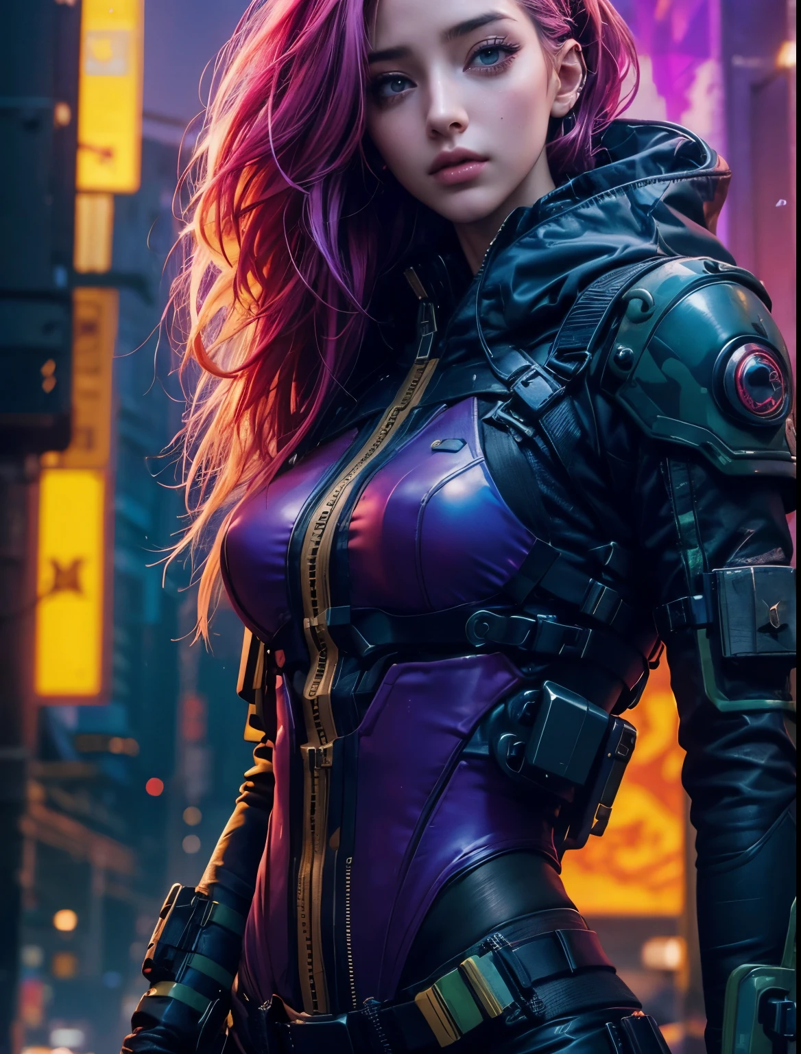 Waist up Emily Rudd in stylist cyberpunk battle suit combat (masterpiece), best quality, perfect face