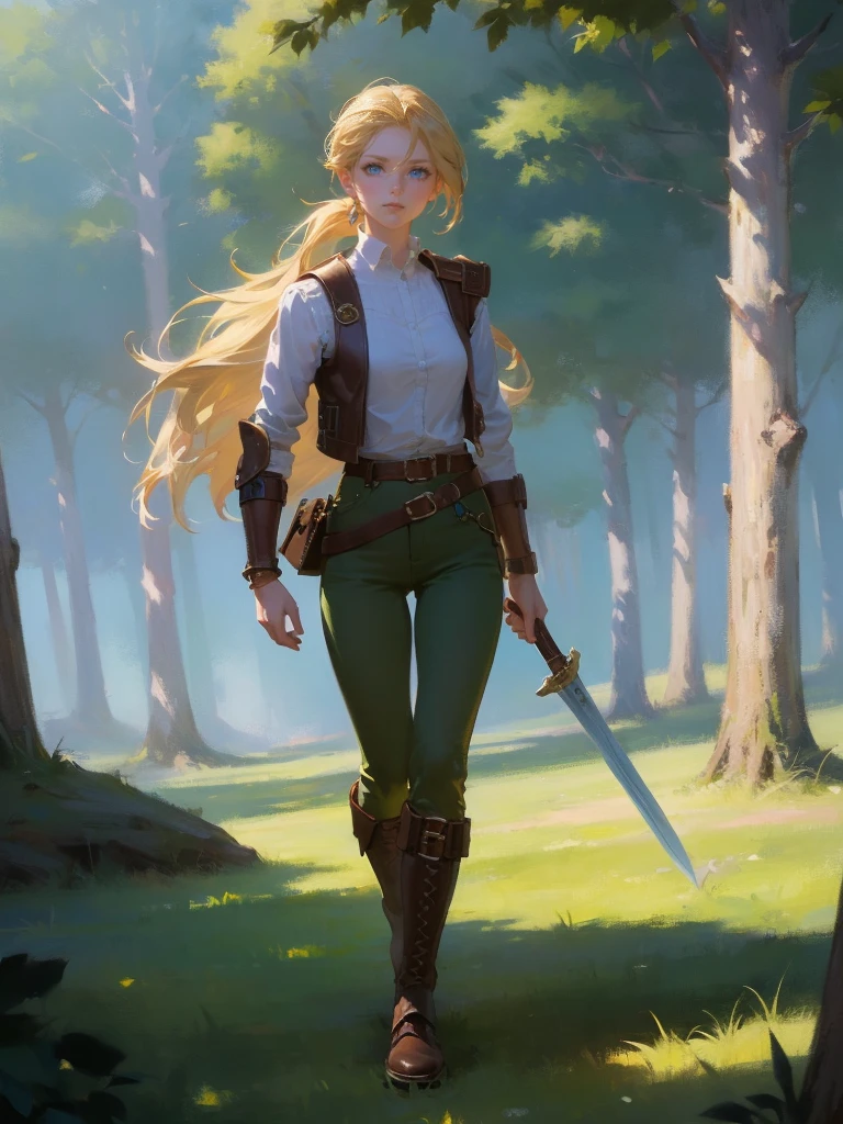 masterpiece, best quality, rpg character art, epic fantasy art style, 1 woman, Emily, 18 year old woman, mature and confident demeanor, full body fantasy concept art, blond hair tied in a loose ponytail, hair comes down to her mid-back, crystal blue eyes, high detail, wearing adventurer gear, fitted white blouse with a high collar, underneath a dark, form-fitting vest, (((vest has small brown leather shoulder pads on each shoulder))), dark olive green pants with a leather belt tucked into knee-high brown learher boots, backpack, (((sword sheathed at her waist))), backpack is on her back, attire is modest but feminine, intricate details, ultra high resolution, sharp focus, HD, 8k, clear facial features, clear details, walking through a forest while being aware of her surroundings, zoomed out view, looking away from viewer