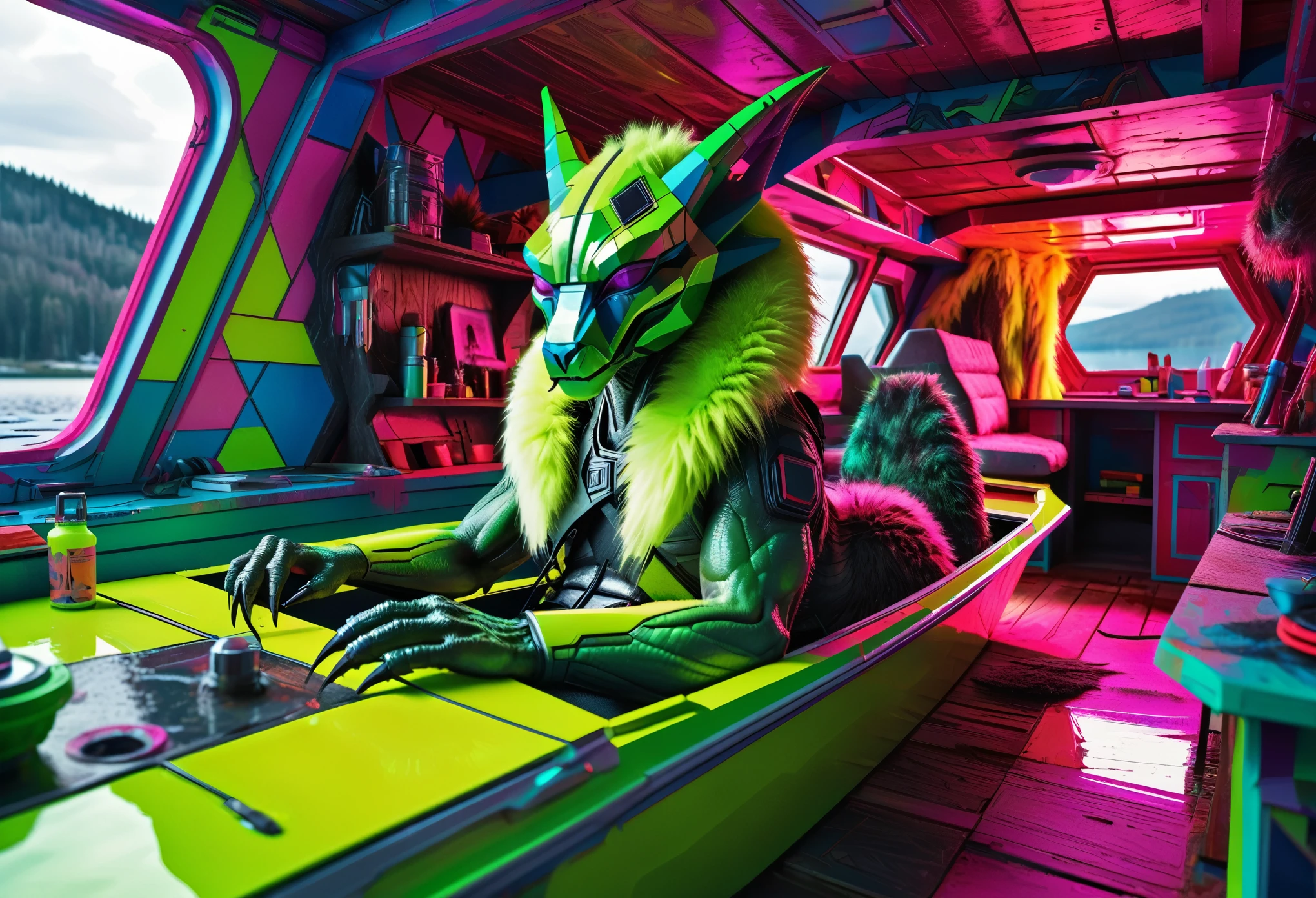 Mutant alien beast of aggressive authenticity, covered with fur in fluorescent colours, relaxing on boat, lakeside horror cabin and screwdriver looking spaceship on the background, image slightly influenced by cubism.