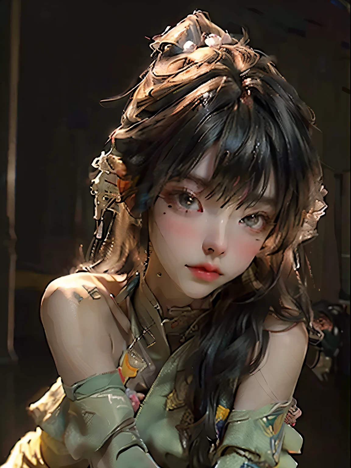 (Stunning 7/8 Body Illustration, RAW Photo, Best Quality), (Realistic, Photo-Realistic: 1.3), Ultra-High Detail Masterpiece, Extremely Detailed CG, Unity 8k Wallpaper, Amazing, Vibrant and Colorful Attire, 1 Girl, Wearing Lipstick, The Most Beautiful Girl in the World, Small Bosom, Messy Hair, Dynamic Angle, Best Quality Illustration, Evoking a Sense of Cinematic Lighting.