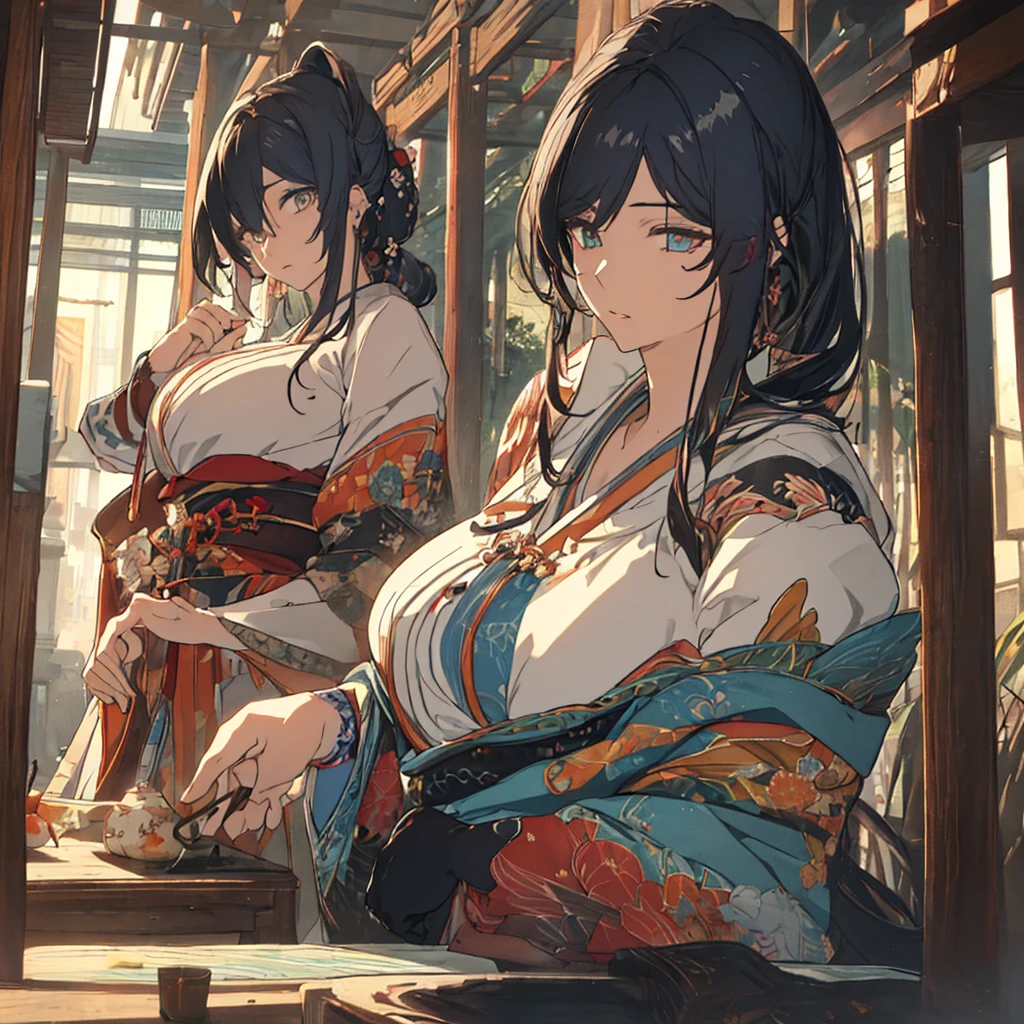 (highest quality,4K,8k,High resolution,Tabletop:1.2),Super detailed,Realistic,CG Sezoty Trend,Fantasy art,Beautiful character drawings,The art of white Japan,Japanese Shrines,Magnificent and elaborate character art,Amazing character art,Beautiful woman,((Beautiful and very large breasts,Beautiful fine details,Blue black hair))、Camel Toe、Giant tit、Nipple Puffs、Cleavage、Plump、Super big breasts、Super big butt