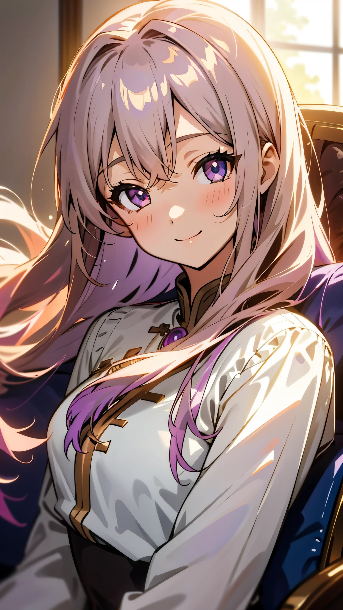1 girl、Anime Style、美しい light brown hair、beautiful purple beautiful eyes、Long Hair、Transparent Hair、Translucent hair、smile、A strong expression of joy、Upper body close-up、Western-style room、sofa、morning、Lens flare、Shiny, Shiny肌、Sexy clothing that reveals skin