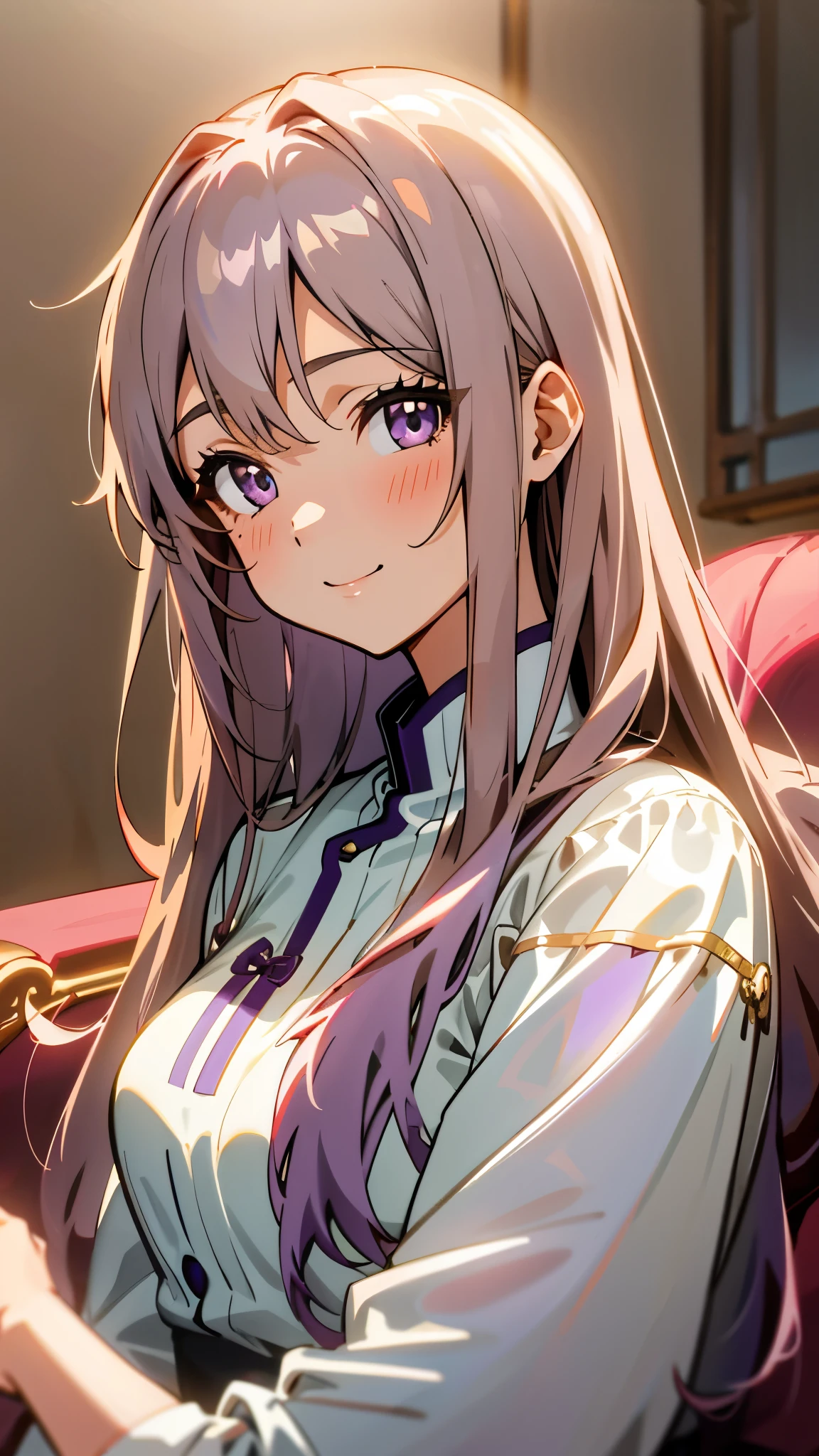 1 girl、Anime Style、美しい light brown hair、beautiful purple beautiful eyes、Long Hair、Transparent Hair、Translucent hair、smile、A strong expression of joy、Upper body close-up、Western-style room、sofa、morning、Lens flare、Shiny, Shiny肌、Sexy clothing that reveals skin