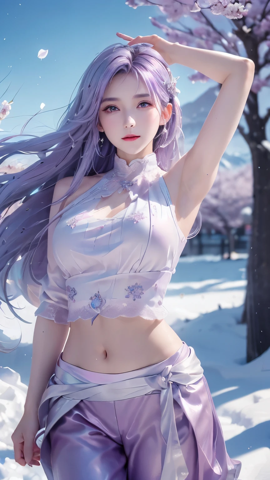 (logo、masterpiece、8k、Tabletop、RAW Photos、wonderful、最high quality、フォトリアルでVery detailedなCG統合8k壁紙、high quality、Very detailed、Narrative poem、Particle Effects、Dynamic Effects、Depth of text、Cinematic Light、Lens flare、Ray Tracing)、Fantasy、(1 beauty、Light purple hair、Beautiful Face、Real Face、Detailed eyes、Beautiful Skin、woman dancing gracefully:1.7、woman dancing gracefully:1.7)、Windになびく髪、髪弾む髪がWindに舞う、Hair Jump、Light purple halter neck、Light purple leather pants suit、Light purple leather jacket、Silver Earrings、night、Wind、darkness、雪とhoarfrost、Frozen Winter Day、snow-capped mountains and forests、hoarfrost、Snow-capped mountain々、The beauty and brilliance of frost-covered trees、Silent and beautiful grasslands in a world of ice and snow、vast land、Lakeside、wonderful景色、美しい自然のWindの景色、night空、Wind、cherry blossoms、cherry blossomsの花びらが舞っている、cherry blossoms吹雪、Falling petals