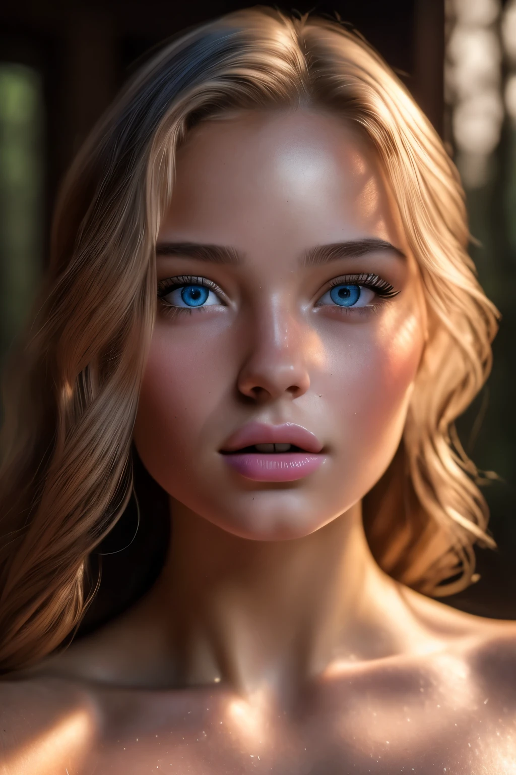8k, best quality, masterpiece, ultra high resolution, (realism: 1.4), original photo, (Realistic skin texture: 1.3), (film grain: 1.3), (Selfie angle), 1 girl, Sapphire eyes and beautiful facial details, masterpiece, best quality, close up, steamy, topless, pink lips
