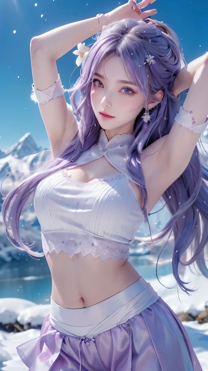 (logo、masterpiece、8k、Tabletop、RAW Photos、wonderful、最high quality、フォトリアルでVery detailedなCG統合8k壁紙、high quality、Very detailed、Narrative poem、Particle Effects、Dynamic Effects、Depth of text、Cinematic Light、Lens flare、Ray Tracing)、Fantasy、(1 beauty、Light blue hair、Beautiful Face、Real Face、Detailed eyes、Beautiful Skin、woman dancing gracefully:1.7、woman dancing gracefully:1.7)、Windになびく髪、髪弾む髪がWindに舞う、Hair Jump、Light blue halter top、Light blue leather pants suit、Light blue leather jacket、Silver Earrings、night、Wind、darkness、雪とhoarfrost、Frozen Winter Day、snow-capped mountains and forests、hoarfrost、Snow-capped mountain々、The beauty and brilliance of frost-covered trees、Silent and beautiful grasslands in a world of ice and snow、vast land、Lakeside、wonderful景色、美しい自然のWindの景色、night空、Wind、cherry blossoms、cherry blossomsの花びらが舞っている、cherry blossoms吹雪、Falling petals