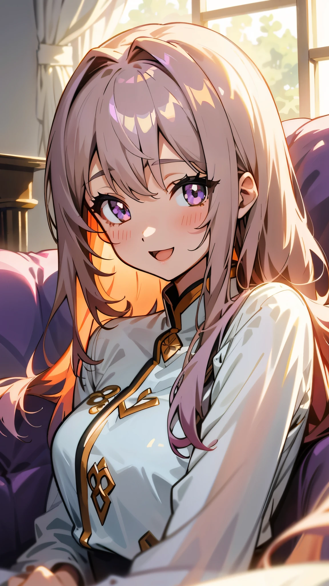 1 girl、Anime Style、美しい light brown hair、beautiful purple beautiful eyes、Long Hair、Transparent Hair、Translucent hair、smile、Open your mouth、Upper body close-up、Western-style room、sofa、morning、Lens flare、Shiny skin、Sexy clothing that reveals skin