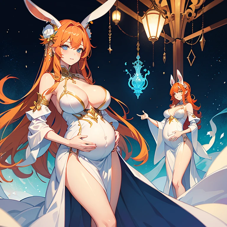 Beautiful sexy pregnant female sorceress, elegant formal detailed and tight white dress with orange details, blue gems, mature, bunny ears, orange hair, piercing blue eyes, cleavage, seductive, revealing pose