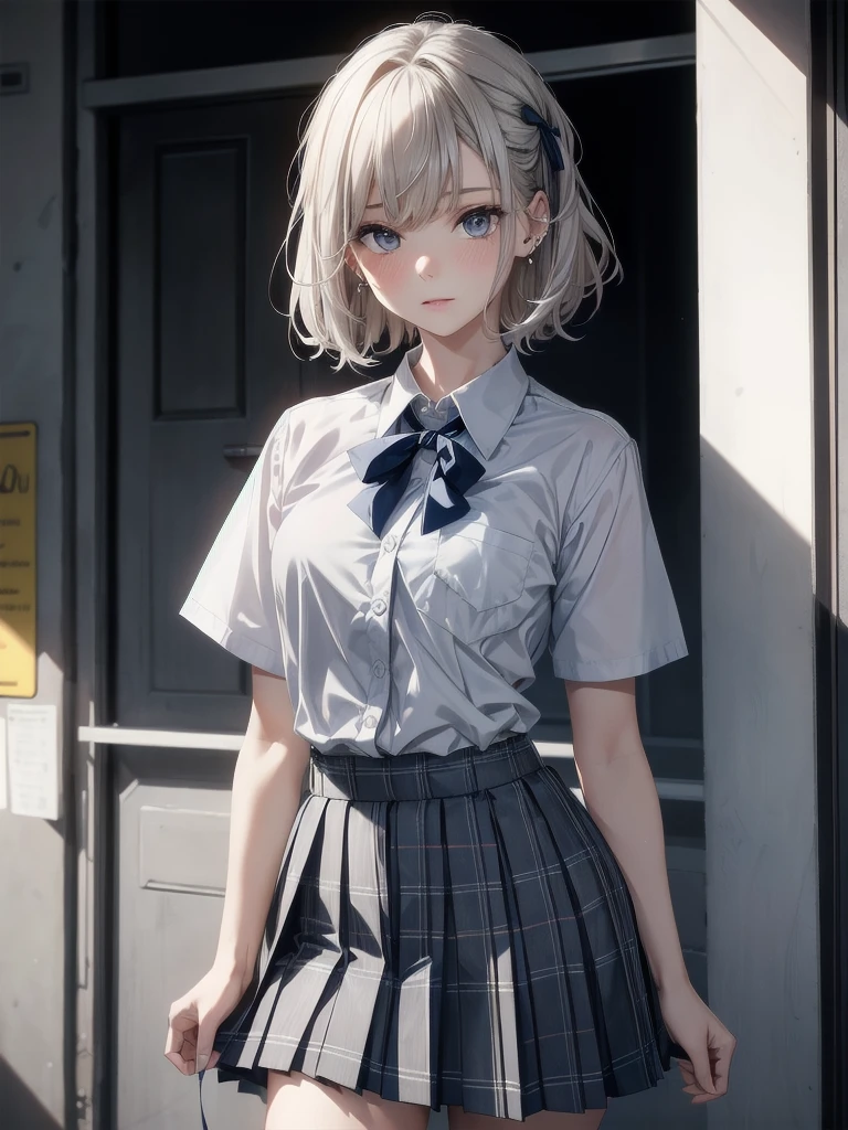 school_uniform, collared short sleeve shirt, white shirt, grey plaid pleated skirt, blue plaid bow tie, absurdres, RAW photo, extremely delicate and beautiful, masterpiece, Best Quality, ultra high resolution, 32k, hyperrealistic, ultra-detailed, detailed description, pale skin, 20 years old, tearful mole, earring, short medium hair, wavy hair, whole body shot,