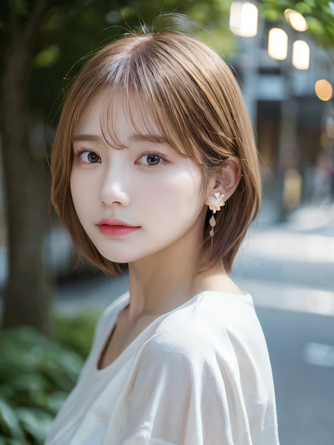 Woman standing upright facing the camera、lightly dressed、exposed、thin white shirt、(highest quality,masterpiece:1.3,超A high resolution,),(super detailed,caustics),(Photoreal:1.4,RAW shooting,)ultra-realistic capture,very detailed,High definition 16K for human skin、 Natural skin texture、、Skin looks even-toned and healthy、 Use natural light and color,one woman,Japanese,,cute,pink haired,middle hair,(Depth of the bounds written、chromatic aberration、、wide range of lighting、natural shading、)、(Outdoor lights during daytime:1.4)、(hair swaying in the wind:1)、short hair、hair ornaments、Put on your ears
