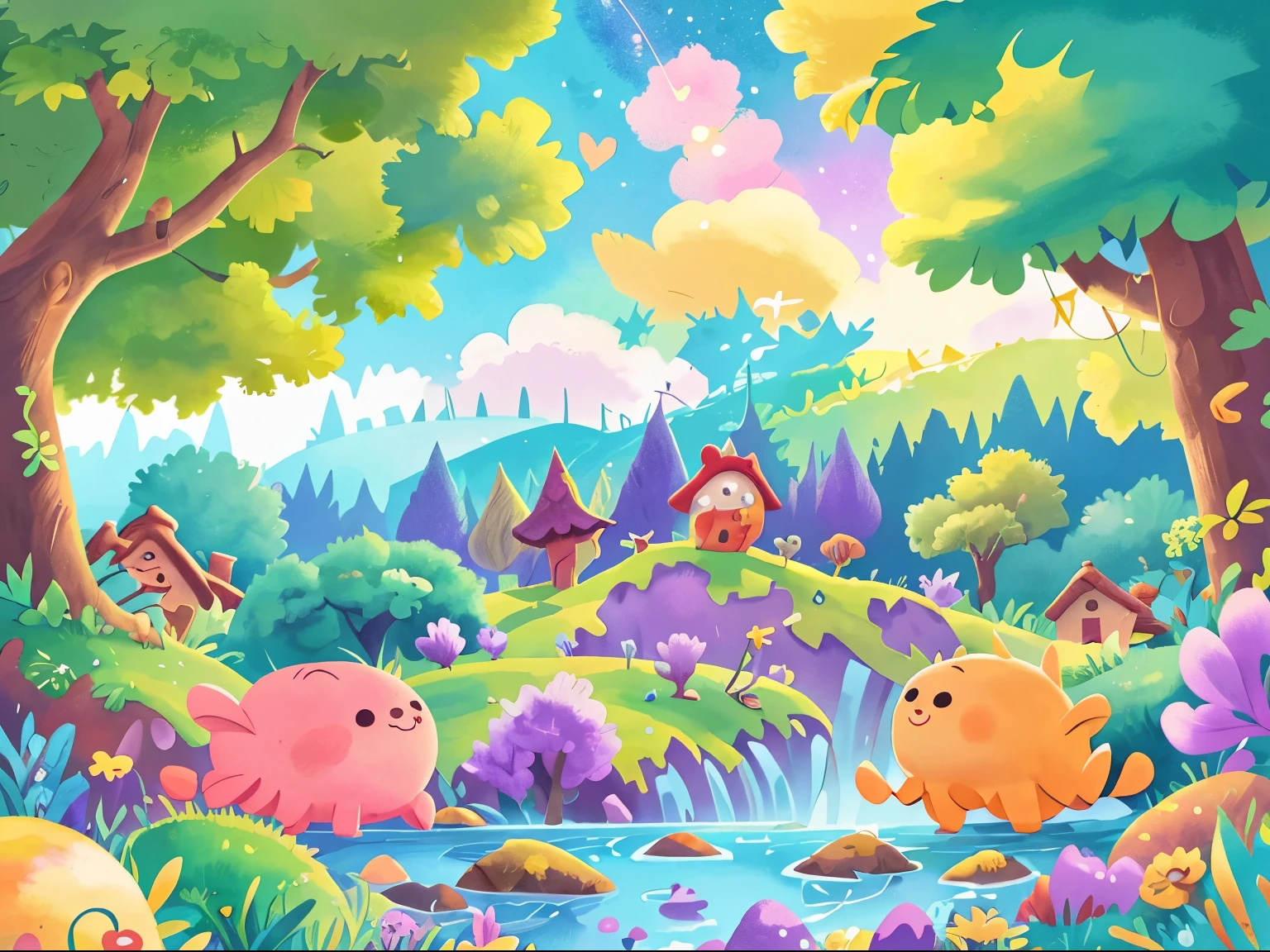 Sure, here is a prompt in English for an illustration of a colorful world in watercolor for a children's book:
---
**Illustration Prompt:**
Create a whimsical watercolor illustration of a colorful planet that looks like it came straight out of a dream. The planet is a true spectacle of lights and shapes, with landscapes filled with vibrant, surreal features. Rivers of emotional energy flow through the land, glowing with bright, dynamic colors. The skies are painted with stunning auroras that reflect the diverse emotions of the inhabitants, filling the atmosphere with waves of pinks, blues, greens, and purples. Above, a starry sky adds to the magical ambiance, with stars twinkling in harmony with the auroras. The entire scene should evoke a sense of wonder, joy, and fantastical beauty, perfect for a children's book.
---