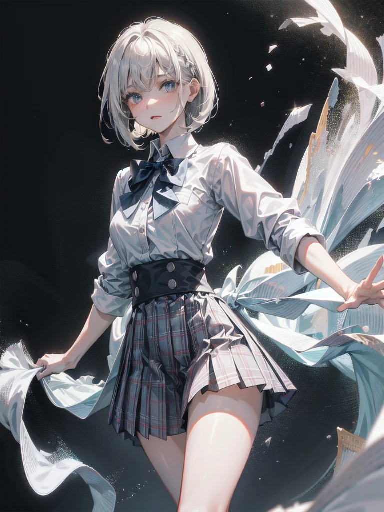 school_uniform, collared short sleeve shirt, white shirt, grey plaid pleated skirt, blue plaid bow tie, absurdres, RAW photo, extremely delicate and beautiful, masterpiece, Best Quality, ultra high resolution, 32k, hyperrealistic, ultra-detailed, detailed description, pale skin, 20 years old, tearful mole, earring, short medium hair, wavy hair, whole body shot,