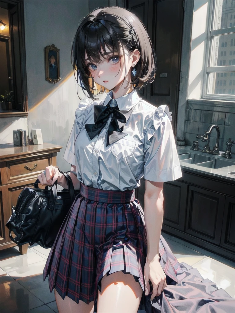 school_uniform, collared short sleeve shirt, white shirt, grey plaid pleated skirt, blue plaid bow tie, absurdres, RAW photo, extremely delicate and beautiful, masterpiece, Best Quality, ultra high resolution, 32k, hyperrealistic, ultra-detailed, detailed description, pale skin, 20 years old, tearful mole, earring, short medium hair, wavy hair, whole body shot,