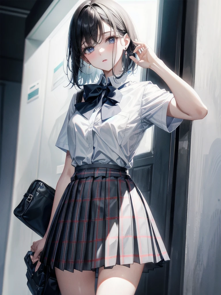 school_uniform, collared short sleeve shirt, white shirt, grey plaid pleated skirt, blue plaid bow tie, absurdres, RAW photo, extremely delicate and beautiful, masterpiece, Best Quality, ultra high resolution, 32k, hyperrealistic, ultra-detailed, detailed description, pale skin, 20 years old, tearful mole, earring, short medium hair, wavy hair, whole body shot,