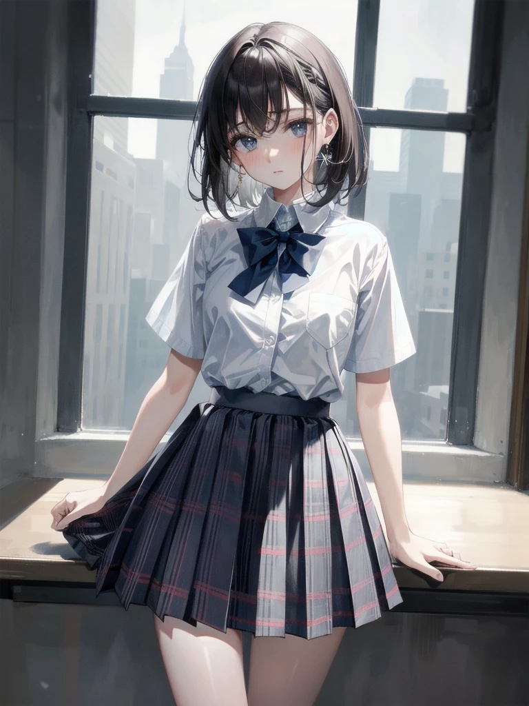 school_uniform, collared short sleeve shirt, white shirt, grey plaid pleated skirt, blue plaid bow tie, absurdres, RAW photo, extremely delicate and beautiful, masterpiece, Best Quality, ultra high resolution, 32k, hyperrealistic, ultra-detailed, detailed description, pale skin, 20 years old, tearful mole, earring, short medium hair, wavy hair, whole body shot,