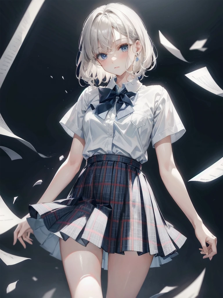 school_uniform, collared short sleeve shirt, white shirt, grey plaid pleated skirt, blue plaid bow tie, absurdres, RAW photo, extremely delicate and beautiful, masterpiece, Best Quality, ultra high resolution, 32k, hyperrealistic, ultra-detailed, detailed description, pale skin, 20 years old, tearful mole, earring, short medium hair, wavy hair, whole body shot,
