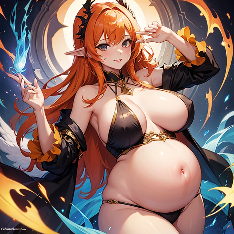 Beautiful sexy pregnant female sorceress, seductive pose, cleavage, orange hair