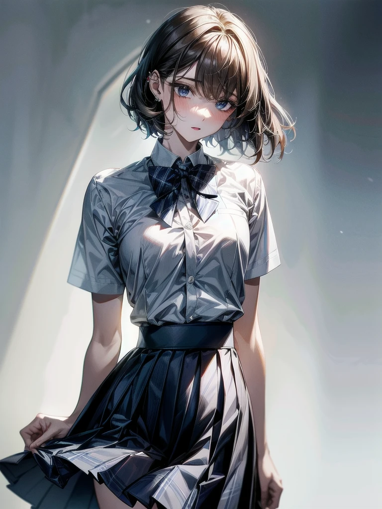 school_uniform, collared short sleeve shirt, white shirt, grey plaid pleated skirt, blue plaid bow tie, absurdres, RAW photo, extremely delicate and beautiful, masterpiece, Best Quality, ultra high resolution, 32k, hyperrealistic, ultra-detailed, detailed description, pale skin, 20 years old, tearful mole, earring, short medium hair, wavy hair, whole body shot,
