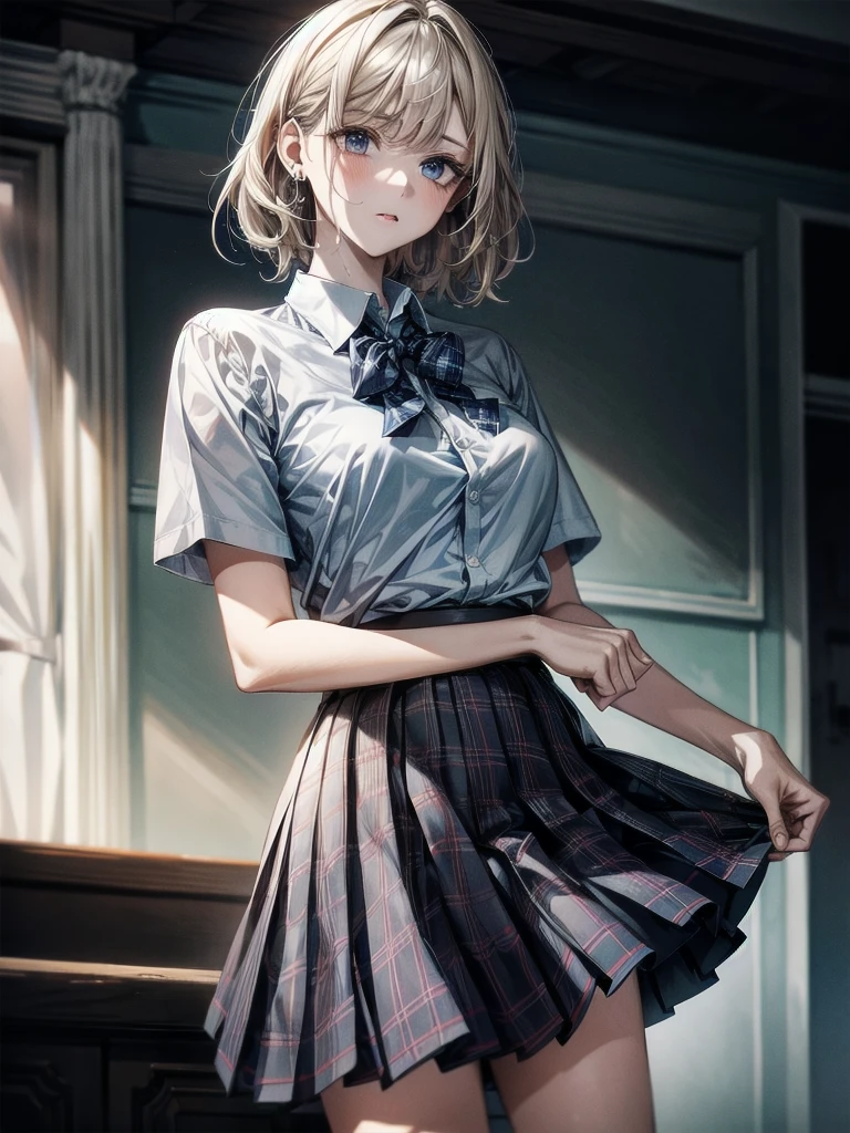 school_uniform, collared short sleeve shirt, white shirt, grey plaid pleated skirt, blue plaid bow tie, absurdres, RAW photo, extremely delicate and beautiful, masterpiece, Best Quality, ultra high resolution, 32k, hyperrealistic, ultra-detailed, detailed description, pale skin, 20 years old, tearful mole, earring, short medium hair, wavy hair, whole body shot,