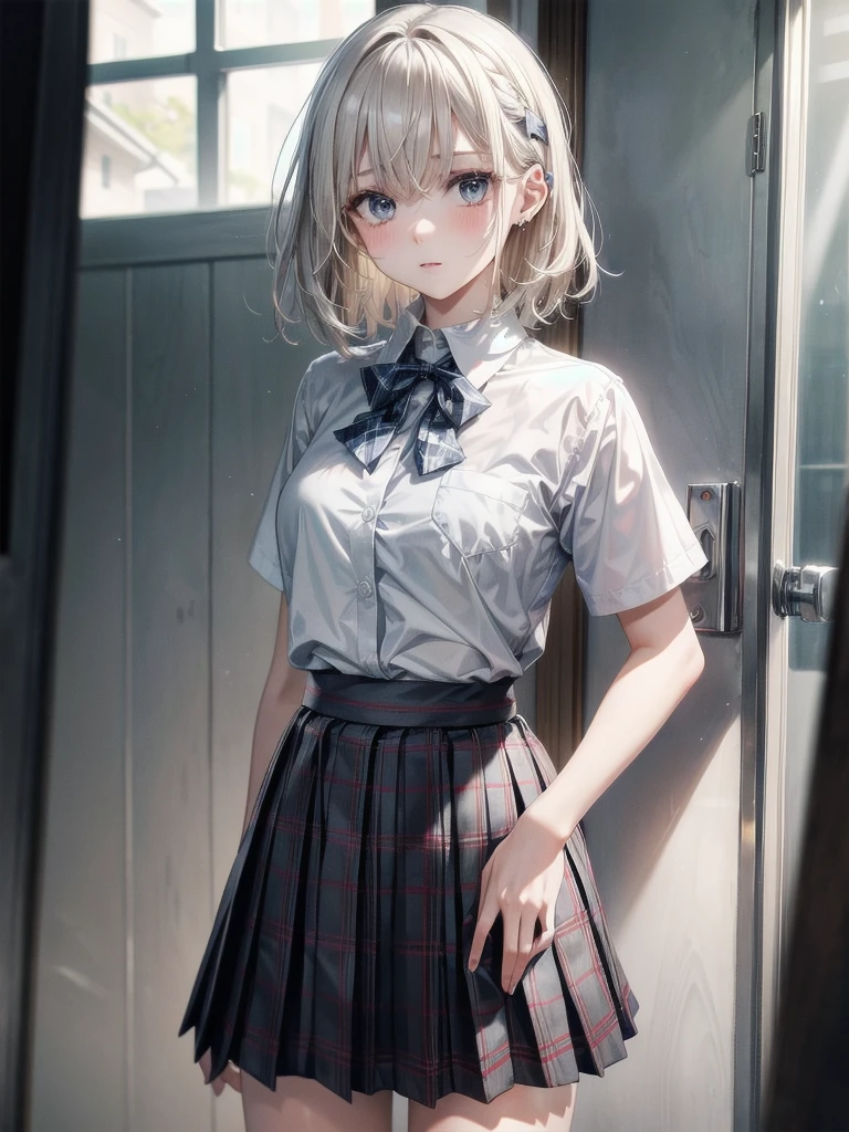 school_uniform, collared short sleeve shirt, white shirt, grey plaid pleated skirt, blue plaid bow tie, absurdres, RAW photo, extremely delicate and beautiful, masterpiece, Best Quality, ultra high resolution, 32k, hyperrealistic, ultra-detailed, detailed description, pale skin, 20 years old, tearful mole, earring, short medium hair, wavy hair, whole body shot,