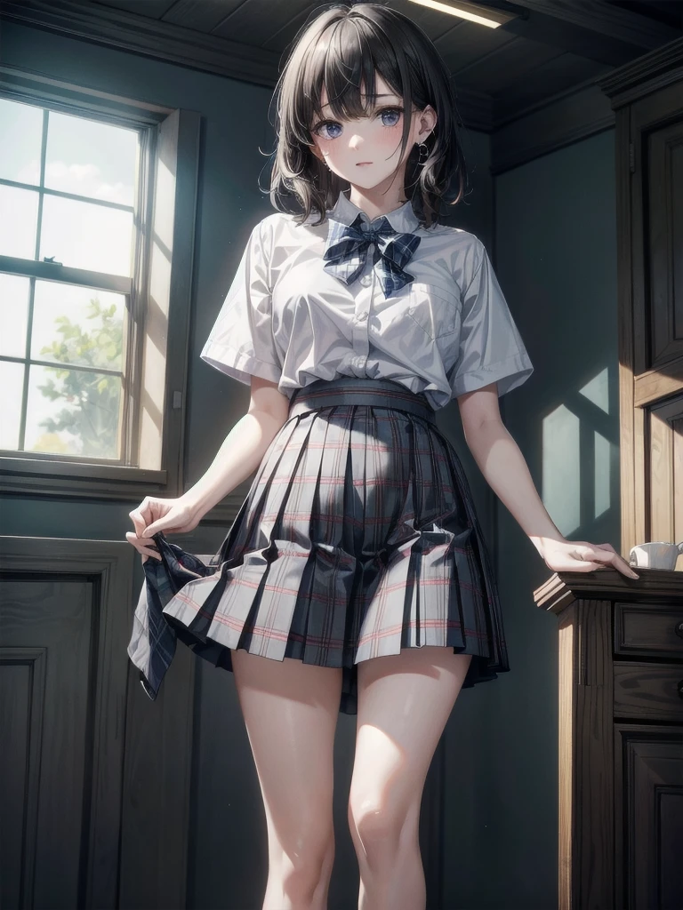 school_uniform, collared short sleeve shirt, white shirt, grey plaid pleated skirt, blue plaid bow tie, absurdres, RAW photo, extremely delicate and beautiful, masterpiece, Best Quality, ultra high resolution, 32k, hyperrealistic, ultra-detailed, detailed description, pale skin, 20 years old, tearful mole, earring, short medium hair, wavy hair, whole body shot,