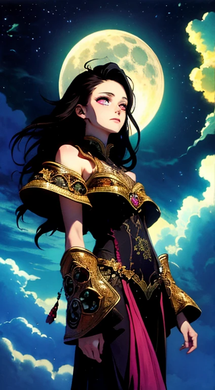 ((best quality)), ((masterpiece)), (detailed), Nezuko, long black hair, pink eyes, demon slayer, horror beauty, perched on a cloud, (fantasy illustration:1.3), enchanting gaze, captivating pose, delicate scars, otherworldly charm, mystical sky, (Luis Royo:1.2), (Yoshitaka Amano:1.1), moonlit night, large full moon, soft colors, (detailed cloudscape:1.3), (high-resolution:1.2)