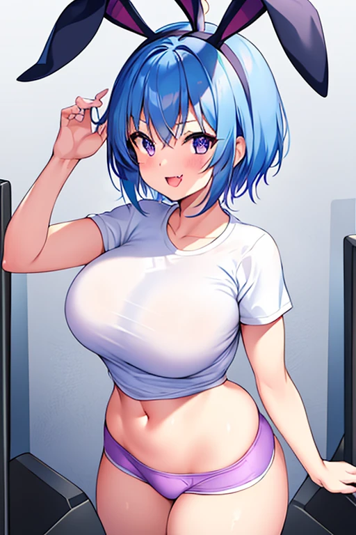 1girl, bunny ears, rabbit ears, very short hair, pixie cut, blue hair, purple eyes, light smile, fang, ((fang)), large breasts, thick thighs, gym uniform, shirt, white shirt, short pants, blue shorts, standing, hands dowm, ((hands down)), arms down, ((arms down)), long shirt