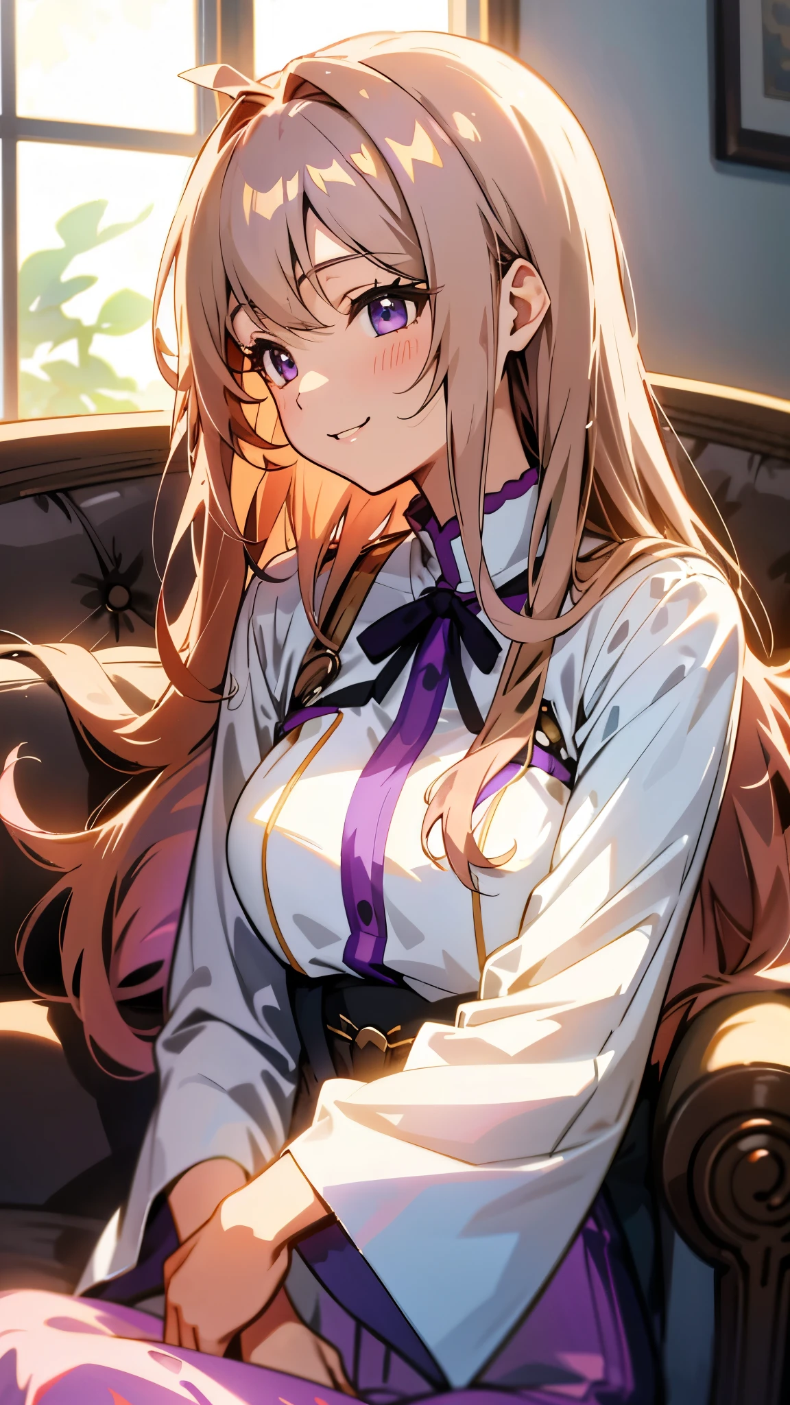 1 girl、Anime Style、美しい light brown hair、beautiful purple beautiful eyes、Long Hair、Transparent Hair、Translucent hair、smile、profile、Upper body close-up、Western-style room、sofa、morning、Lens flare、Shiny, Shiny肌、Sexy clothing that reveals skin