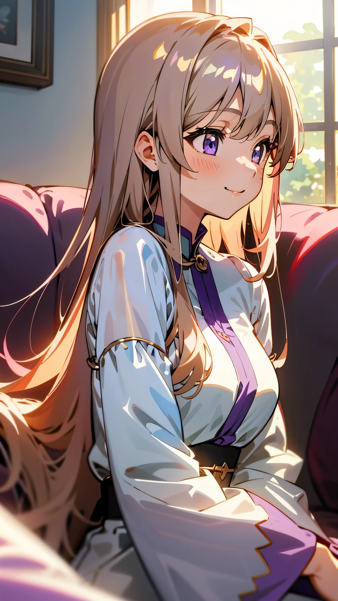 1 girl、Anime Style、美しい light brown hair、beautiful purple beautiful eyes、Long Hair、Transparent Hair、Translucent hair、smile、profile、Upper body close-up、Western-style room、sofa、morning、Lens flare、Shiny, Shiny肌、Sexy clothing that reveals skin