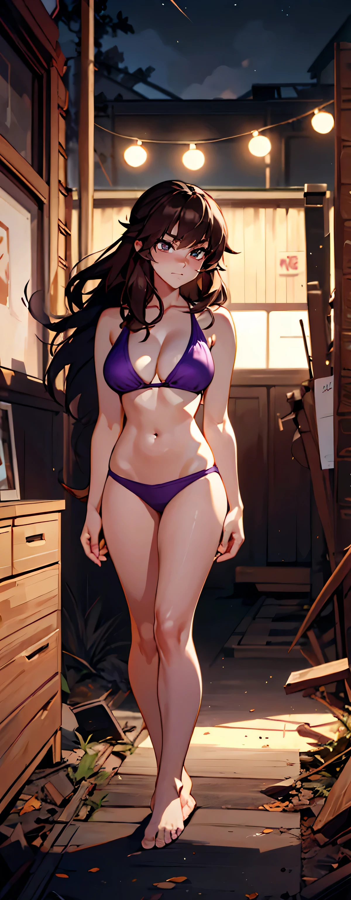 Masterpiece, best quality, Masterpiece, best quality, 1 woman, long brown hair , sly face , purple bikini , big breasts , abdomen , Long legs , Place your hands at your sides.. , Barefoot , full body , abandoned factory , at night