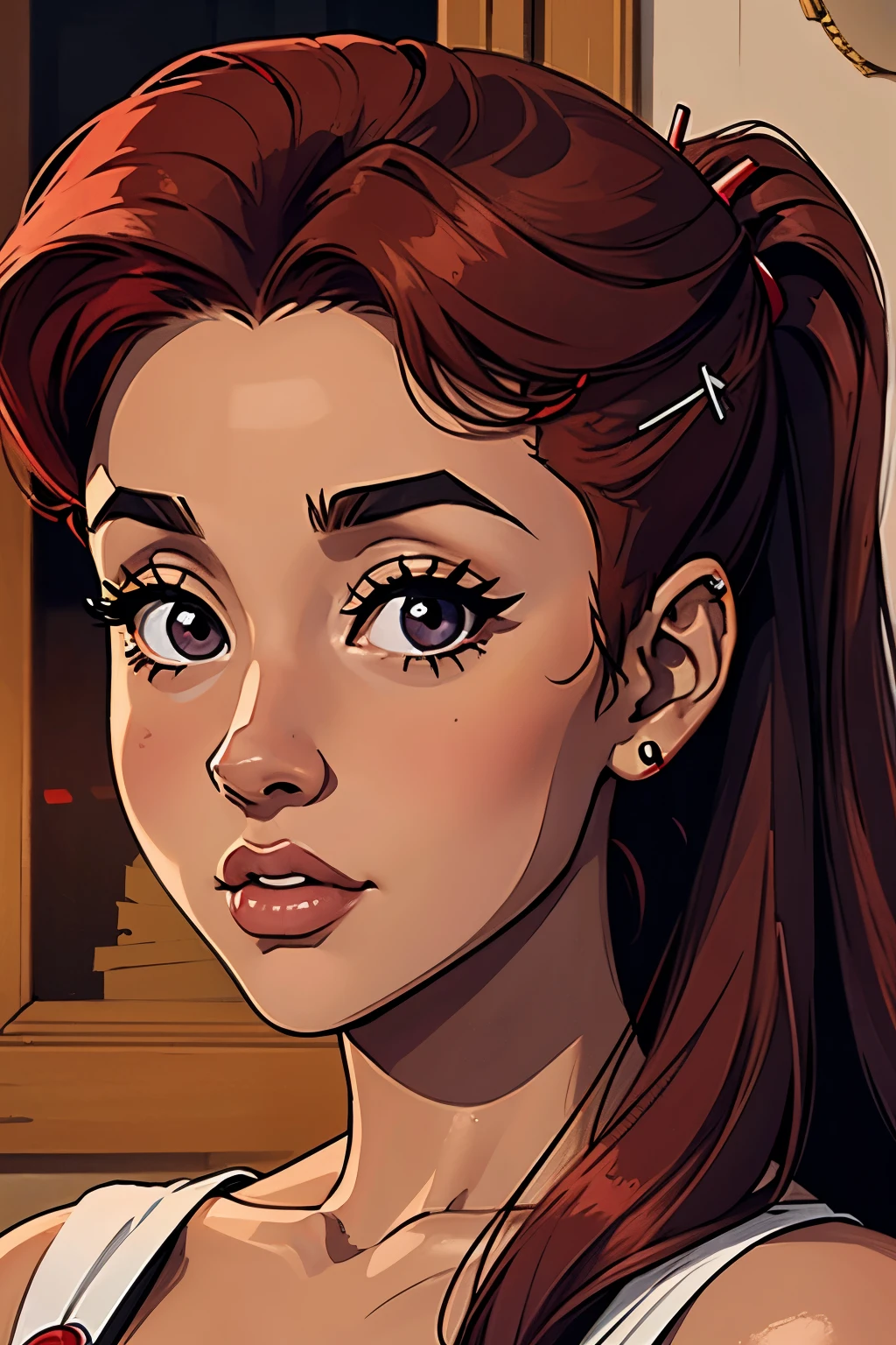 Young Ariana Grande, 20 years old, dark_skin, black_eyes, scarlet red_hair, hairpin, retrato