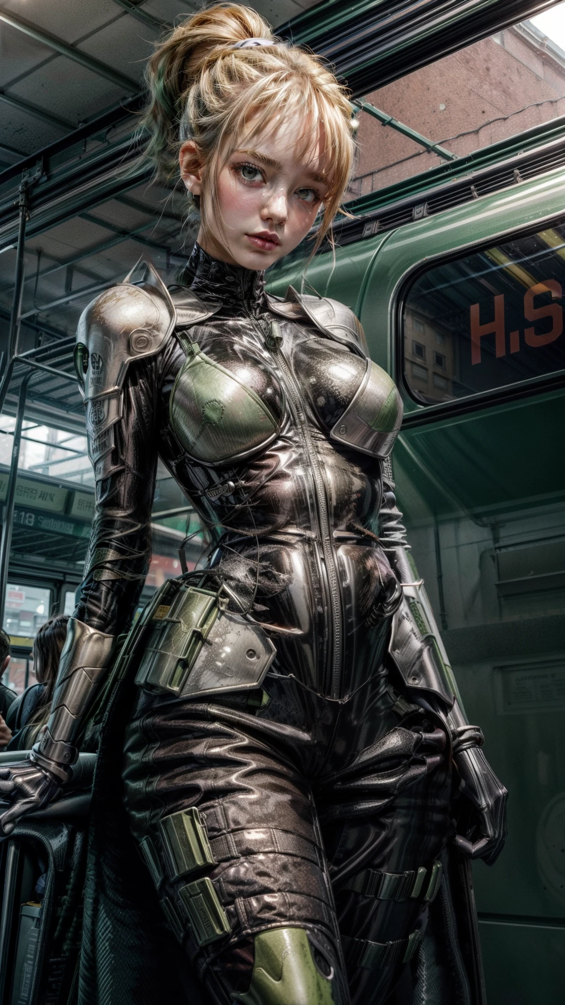 (1girl,dark green hair long hair folded ponytail, orange eyes, serious) (digital) (in detailed train station, (bodysuit, armor)) , best quality, kaiju8, large breasts, thick thighs, curvy hips 