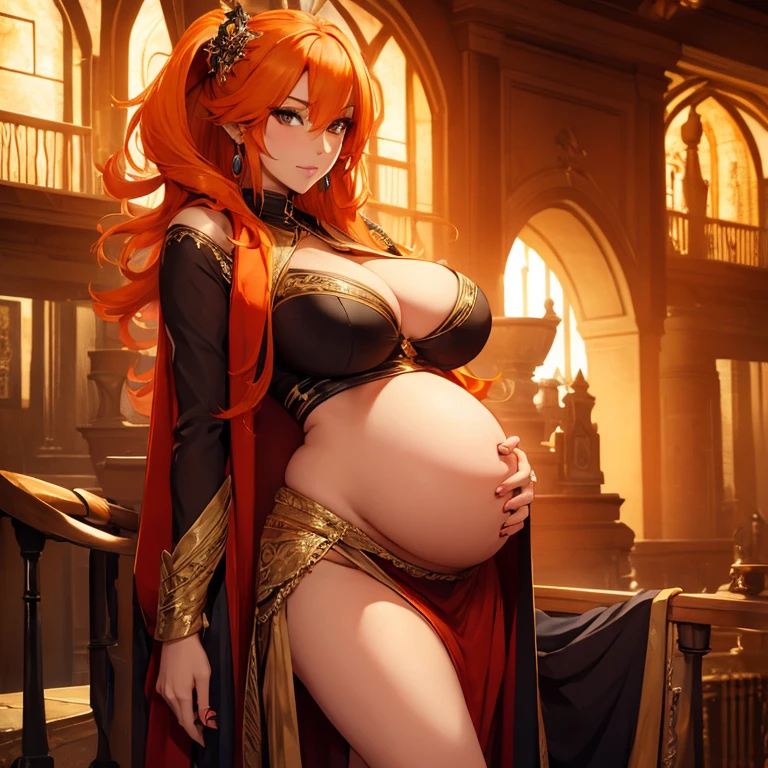 Beautiful sexy pregnant female sorceress, seductive pose, cleavage, orange hair