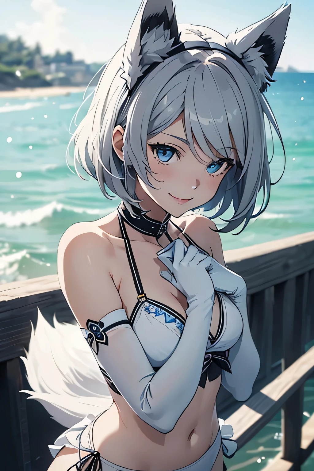 Tabletop　 Best image quality　wonderful　Attention to detail　Portraiture　One Young Woman（（Adult））Anime Style　bikini（Maid clothes）　snow-white gloves（Elbow Gloves）　White Stockings（Plain）　Wolf Ears　short hair（（Shortcuts）（Gray Hair）（Curly Hair）（fluffy））　smile（Happy）　Eye color is blue　background（Seaside）　Are standing