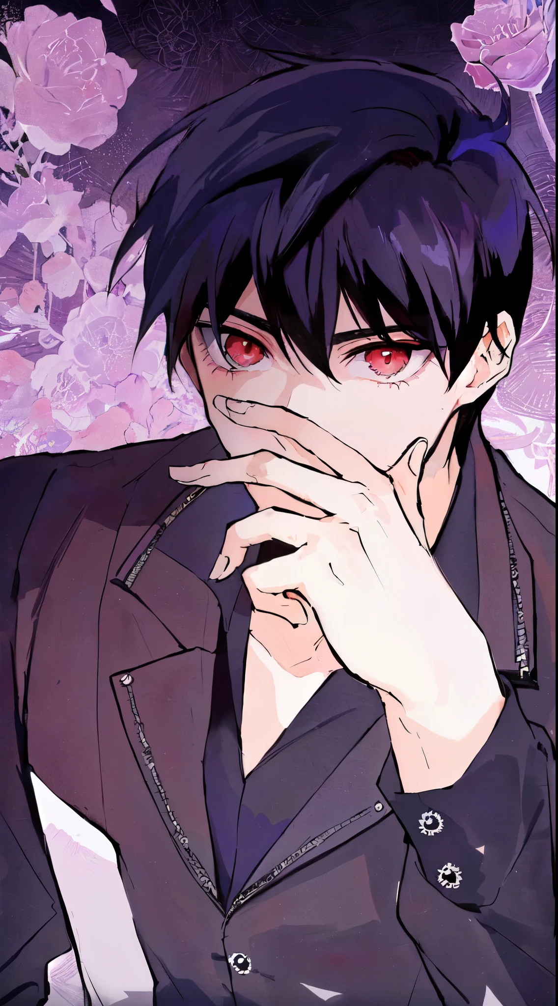 anime - imagem estilo de um homem com olhos vermelhos e uma jaqueta preta, cute japanese demon boy, bela pose de anime, cara de anime alto com olhos azuis, Gapmoe Yandere, portrait Gapmoe Yandere grimdark, your eyes are bleeding heavily, Homem bonito de anime, com olhos vermelhos brilhantes, retrato de anime de um homem bonito, inspirado em Munakata Shiko
