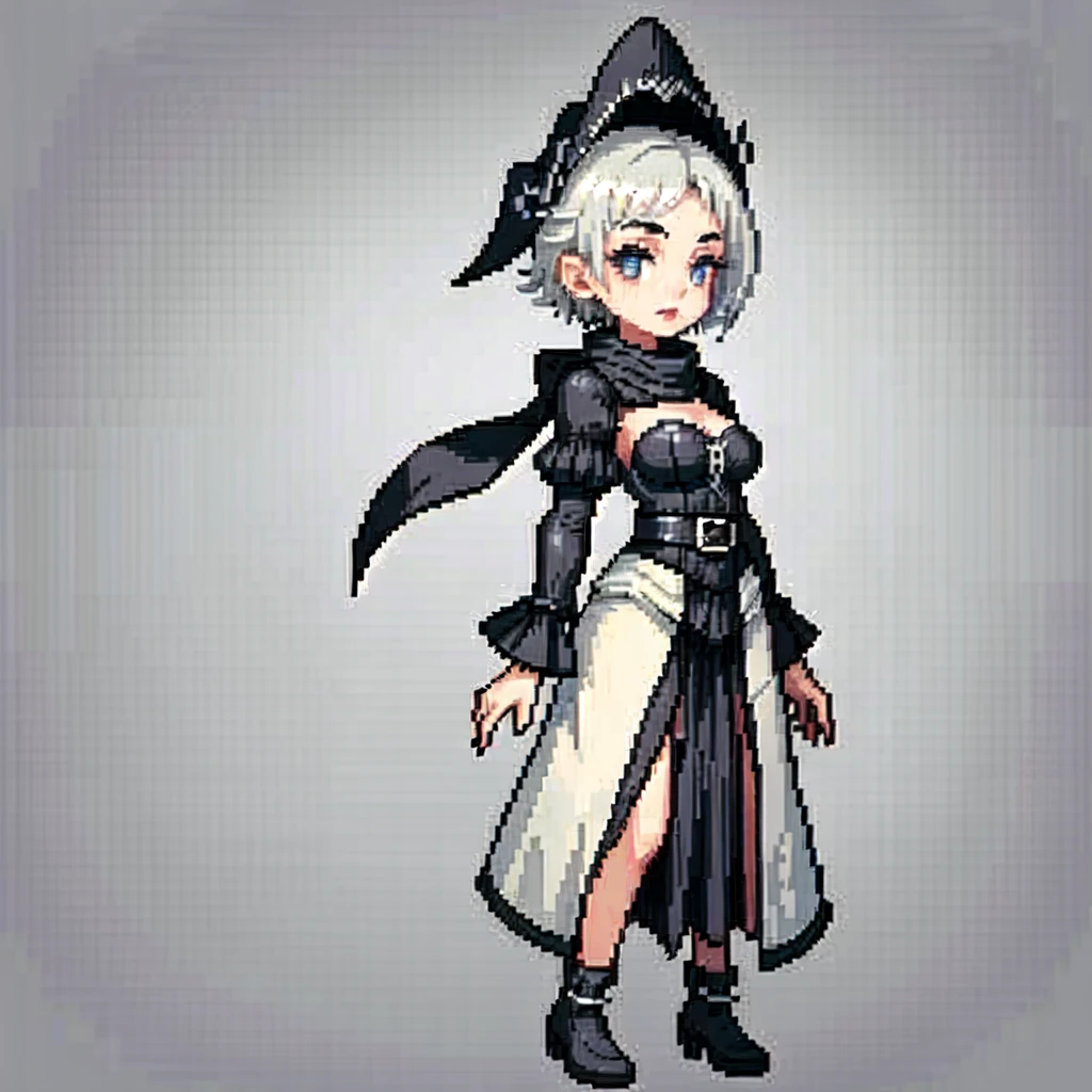 (masterpiece, top quality, best quality), pixel,pixel art,poncho,short hair, gothic makeup, black lipstic,silver hair, coboy hat, scarf,garami, medium breast, tomboy, standing,full body