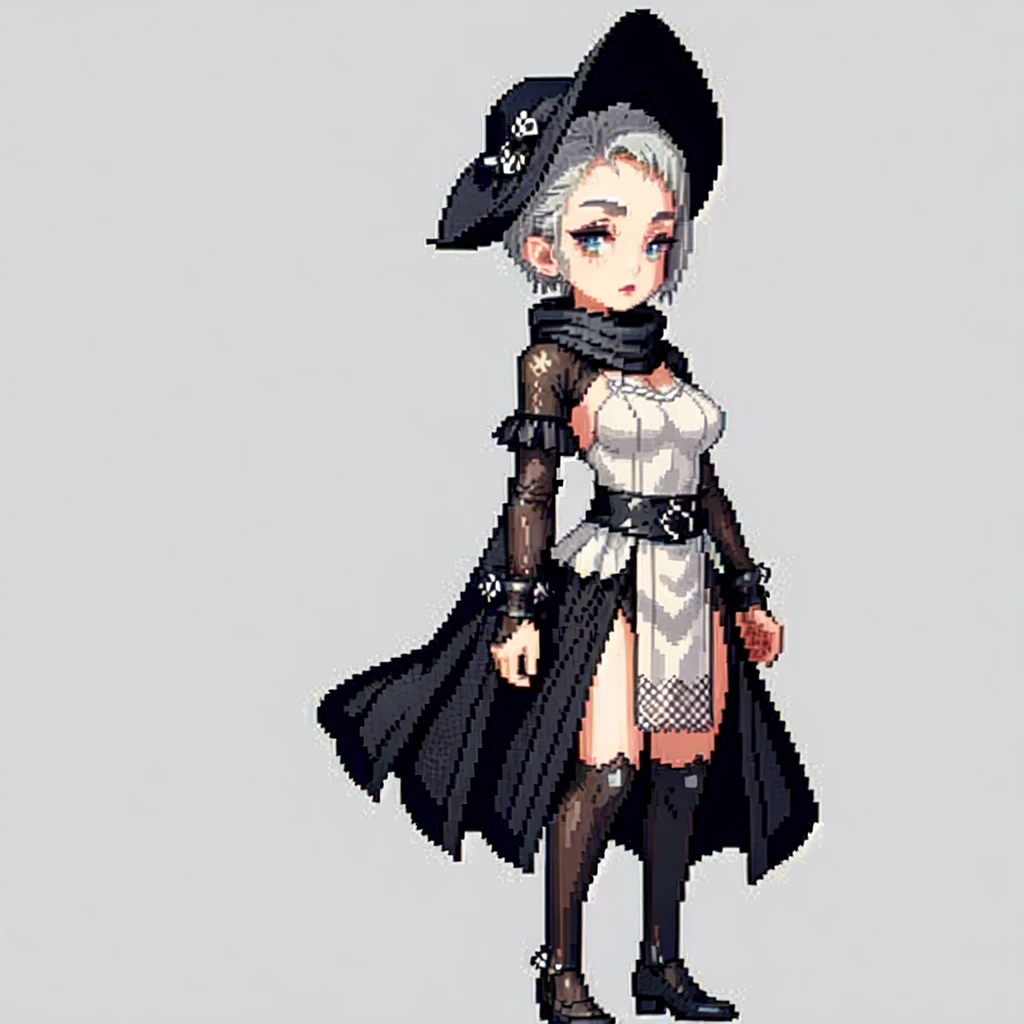 (masterpiece, top quality, best quality), pixel,pixel art,poncho,short hair, gothic makeup, black lipstic,silver hair, coboy hat, scarf,garami, medium breast, tomboy, standing,full body