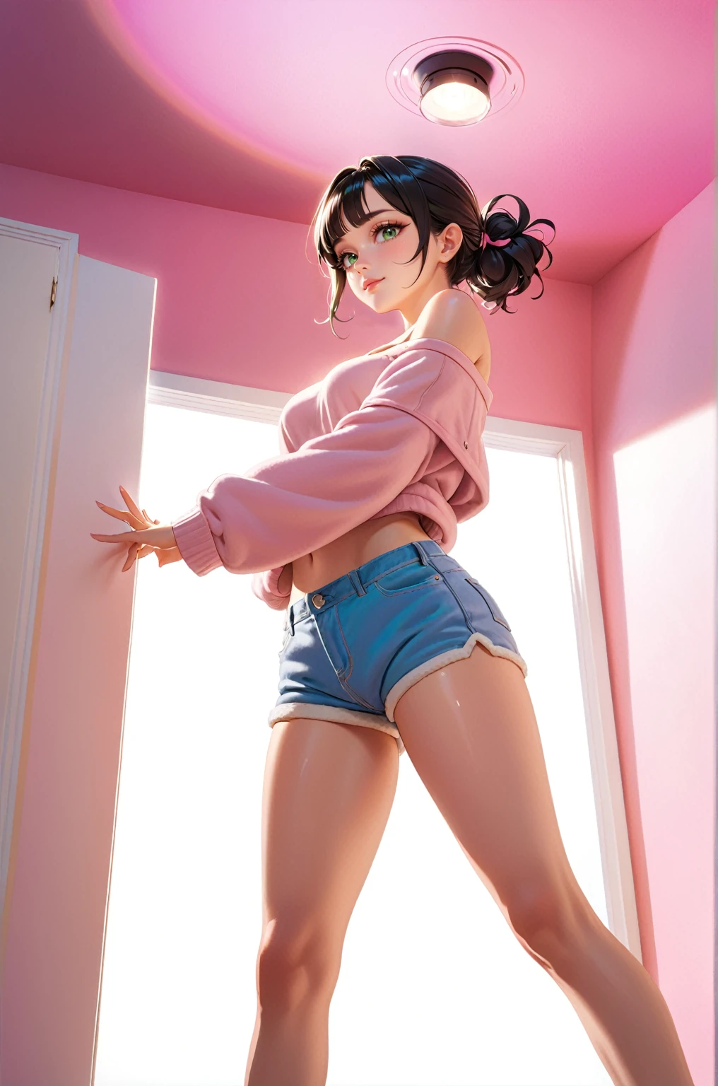 (masterpiece, best quality), (best black hair:1.3), (long hair:1.4)+, (alternate_hairstyle:2), (giant_breasts:1.5)+,, gyaru fashion outfit, ((delicate aesthetic pink-theme:1.2)), (graygreen eyes), thick_lips, glossy lips, cute_fashion, skinny, (narrow_waist:1.2)+, looking at viewer, matching-accessories, at elaborated charming environment, indoors, (panorama+)+, casual outfit, at detailed pink_environment++, (best comfy_clothes:1.5)+++, (off_shoulder, girlfriend material)+, confident, [[[hair_tied]]], detailed_pink_room+, aesthetic_room, well_rendered_skin, (shiny_outfit). (Seducing), shadows+.(Dynamic pose:1.4)+, from_below, (shorts), , (nsfw:1)