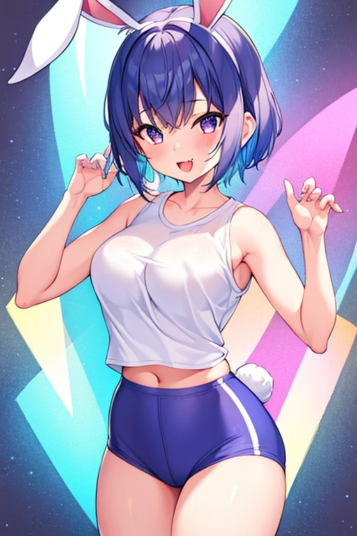 1girl, bunny ears, rabbit ears, very short hair, pixie cut, blue hair, purple eyes, light smile, fang, ((fang)), large breasts, thick thighs, gym uniform, shirt, white shirt, short pants, blue shorts, standing, toned, arms down, hands down, ((hands down)), ((arms down))
