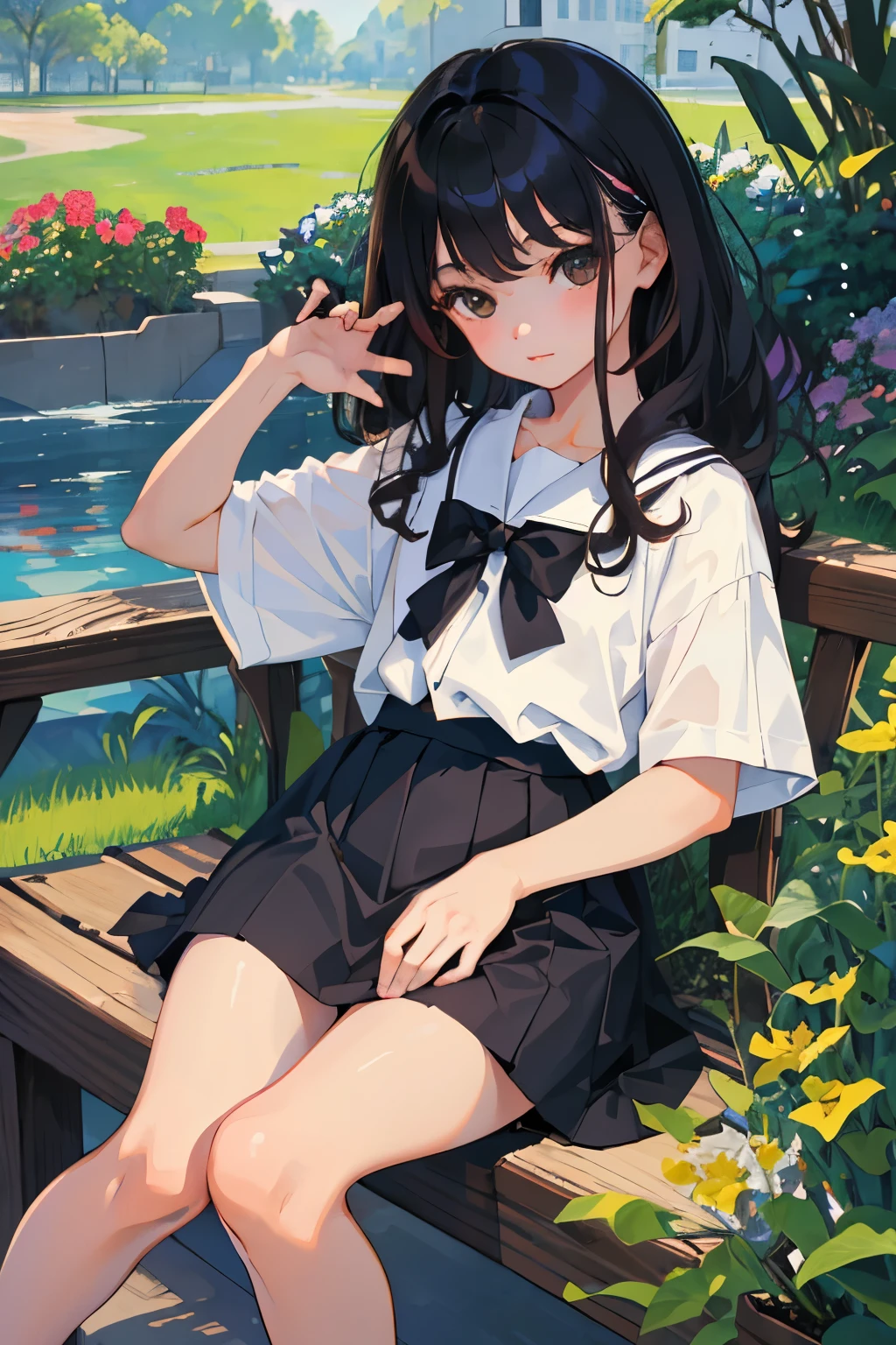 (child)，highest quality，Beautiful face in every detail，cute，Dark brown eyes，(背の低いcute女の子，Small young student，Young delicate girl）,（masterpiece，Top quality)，Black Hair，Sleepy expression，Short sleeve white shirt，Colorful checked skirt，garden