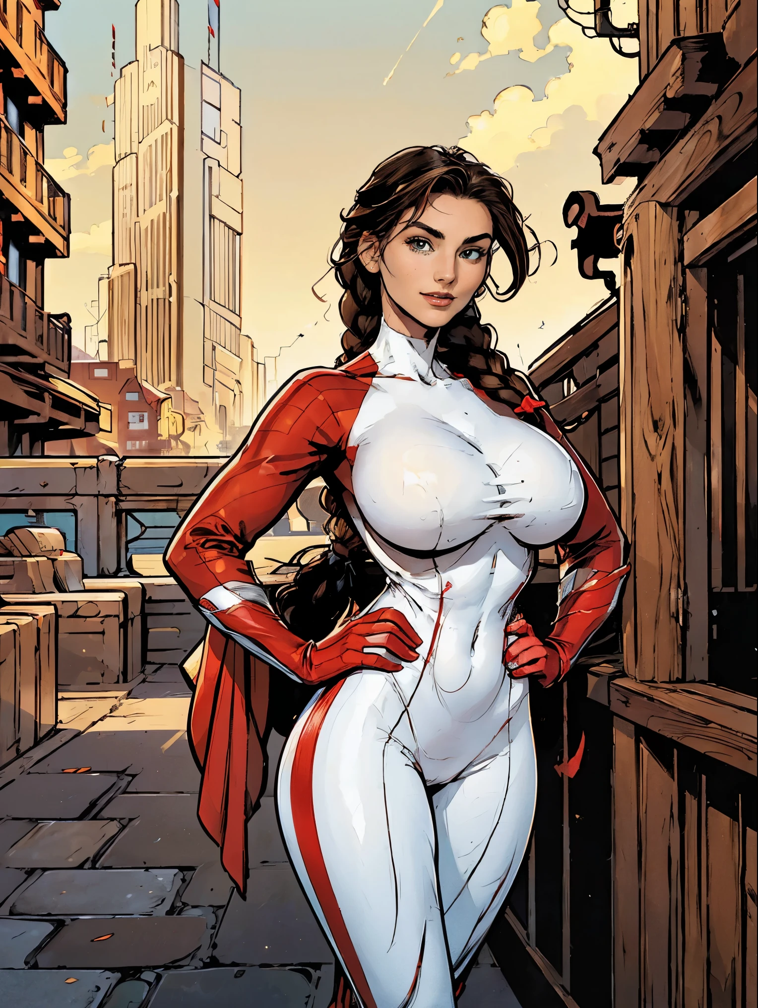 (masterpiece, top quality, best quality, official art, beautiful and aesthetic:1.2), (1girl:1.3), brown hair, braid, extremely detailed, portrait, looking at viewer, solo, (full body:0.6), detailed background, close up, mischievous eyes, (warm city superhero theme:1.1), pleasant smile, brunette, aquiline nose, green eyes, braid, ((gigantic breasts)), (thin), athletic, superhero. Wearing a sleek, satin (high-neck) (sleek white and red striped bodysuit), ((red sleeve stripes, red leg stripes)), (white sides, red center), modest, fully-covered, long red gloves, long red boots, slim waist, slim hips, long legs, modern (city street exterior:1.1) detailed background, bright optimistic lighting, shadows, magical atmosphere, dutch angle