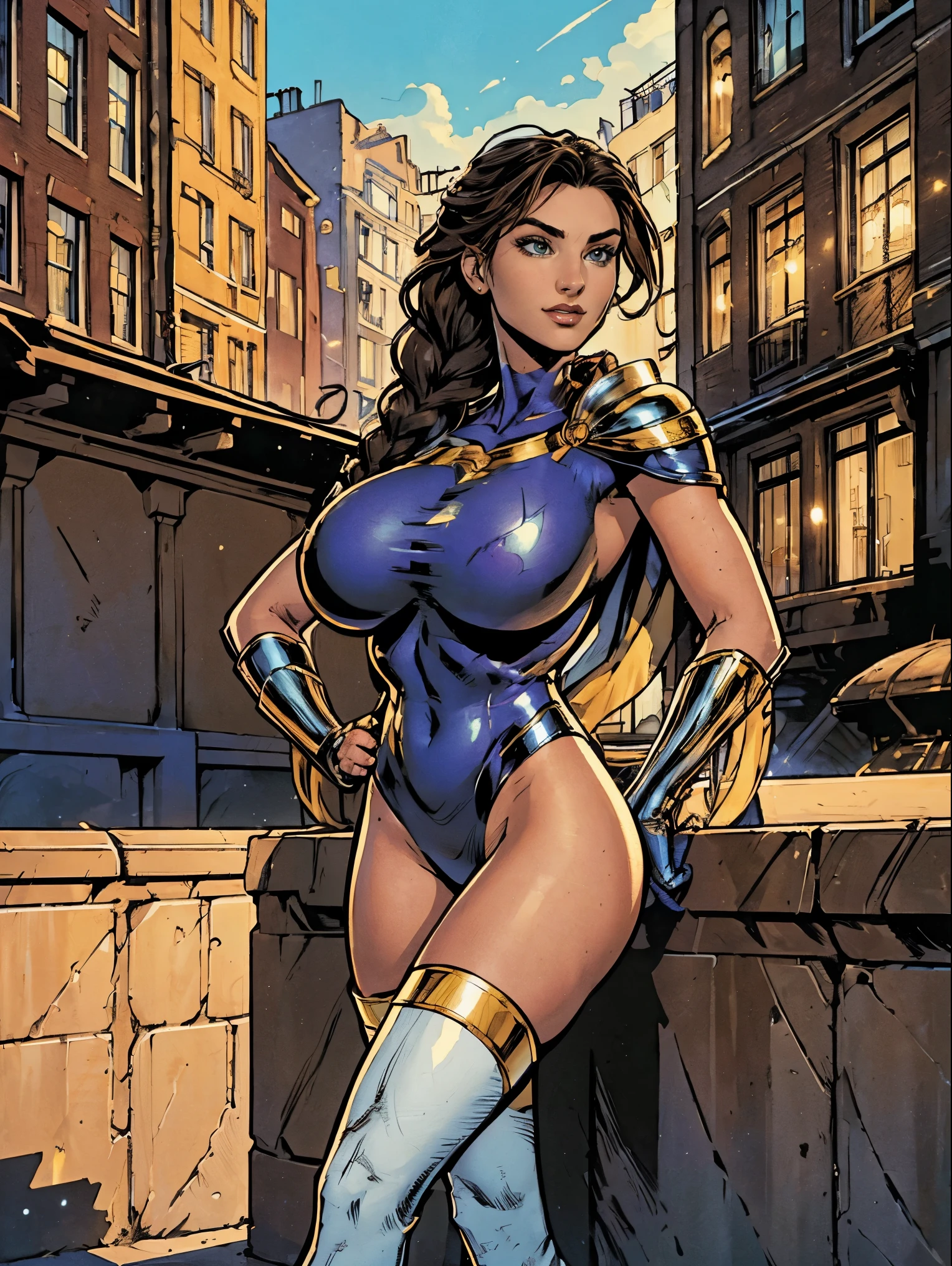 (masterpiece, top quality, best quality, official art, beautiful and aesthetic:1.2), (1girl:1.3), brown hair, braid, extremely detailed, portrait, looking at viewer, solo, (full body:0.6), detailed background, close up, mischievous eyes, (warm city superhero theme:1.1), pleasant smile, brunette, aquiline nose, green eyes, braid, ((gigantic breasts)), (thin), athletic, superhero. Wearing a white and gold superhero leotard, cape, gloves, thigh-high boots, slim waist, slim hips, long legs, modern (city street exterior:1.1) detailed background, bright optimistic lighting, shadows, magical atmosphere, dutch angle