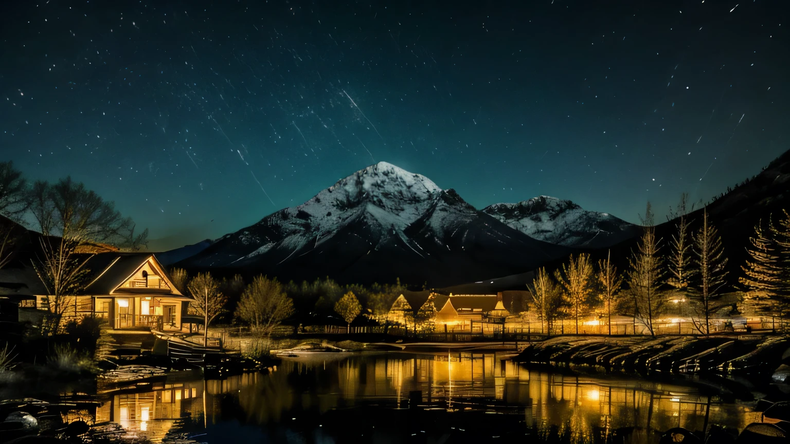 Very detailed, high quality, masterpiece, beautiful, night, (Dark Environment), Mountain々, water, wood,