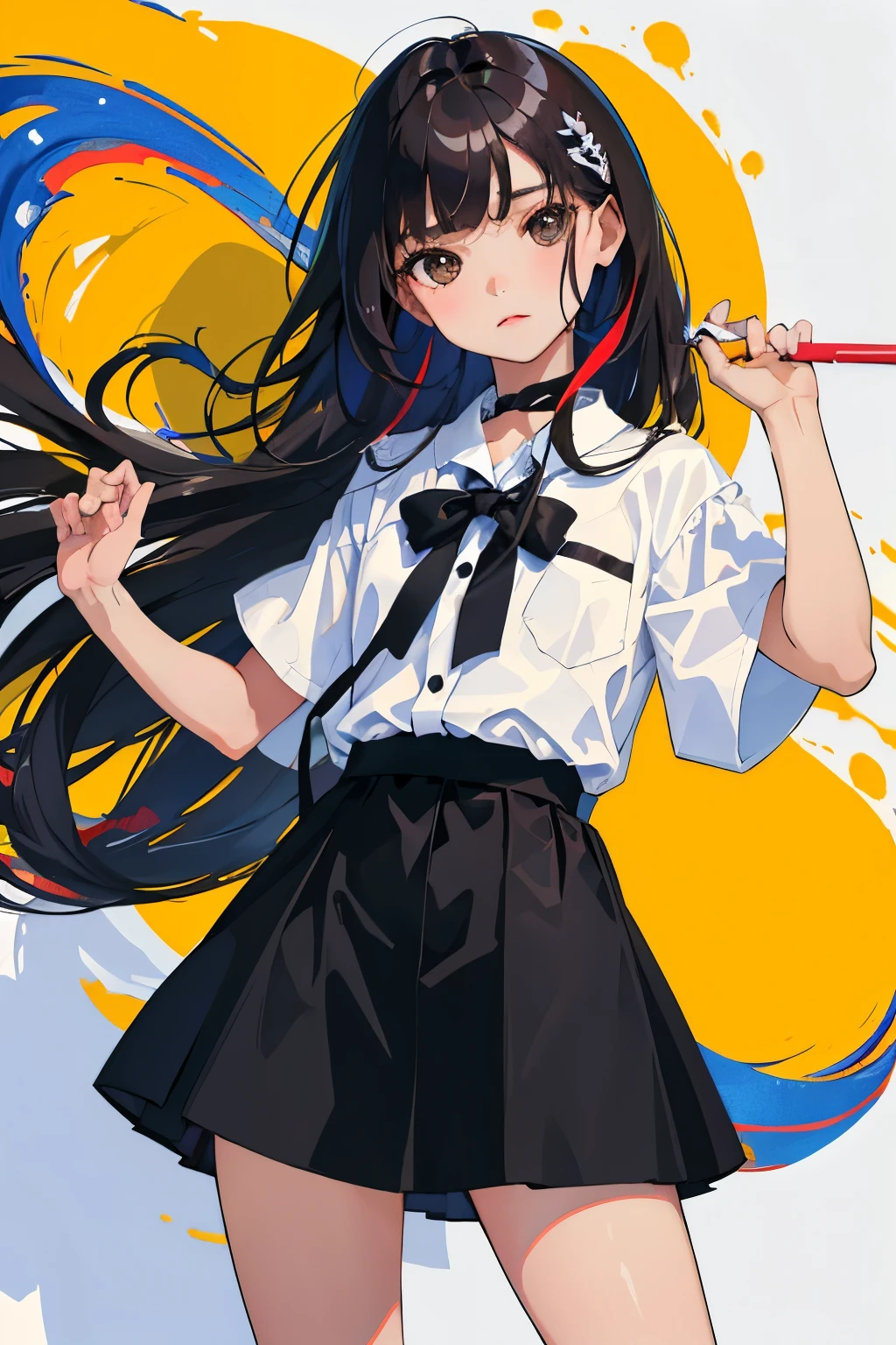 (child)，highest quality，Beautiful face in every detail，cute，Dark brown eyes，(背の低いcute女の子，Small young student，Young delicate girl）,（masterpiece，Top quality)，Black Hair，Sleepy expression，Short sleeve white shirt，Colorful checked skirt