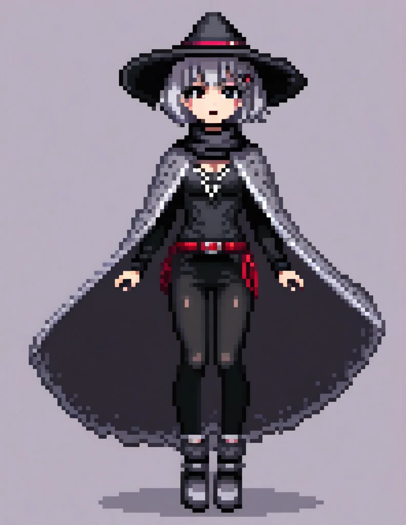 (Pixel art:1.2), 1girl,poncho,short hair, gothic makeup, black lipstic,silver hair, coboy hat, scarf,garami, medium breast, tomboy, standing, full body