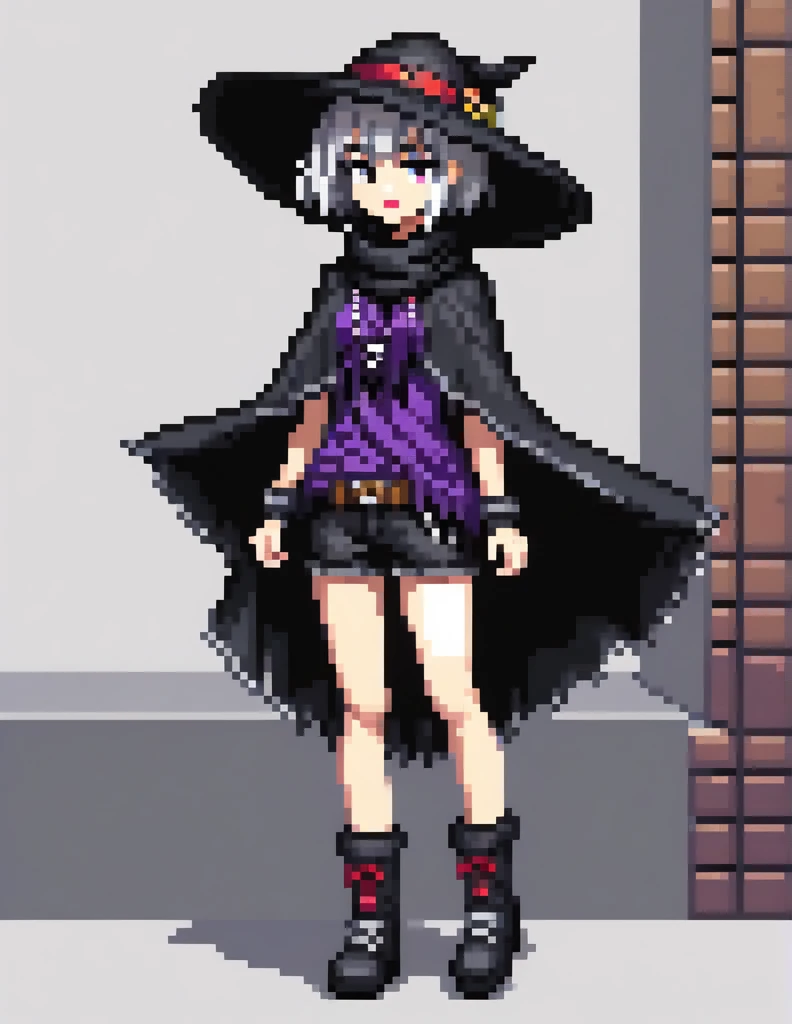 (Pixel art:1.2), 1girl,poncho,short hair, gothic makeup, black lipstic,silver hair, coboy hat, scarf,garami, medium breast, tomboy, standing, full body