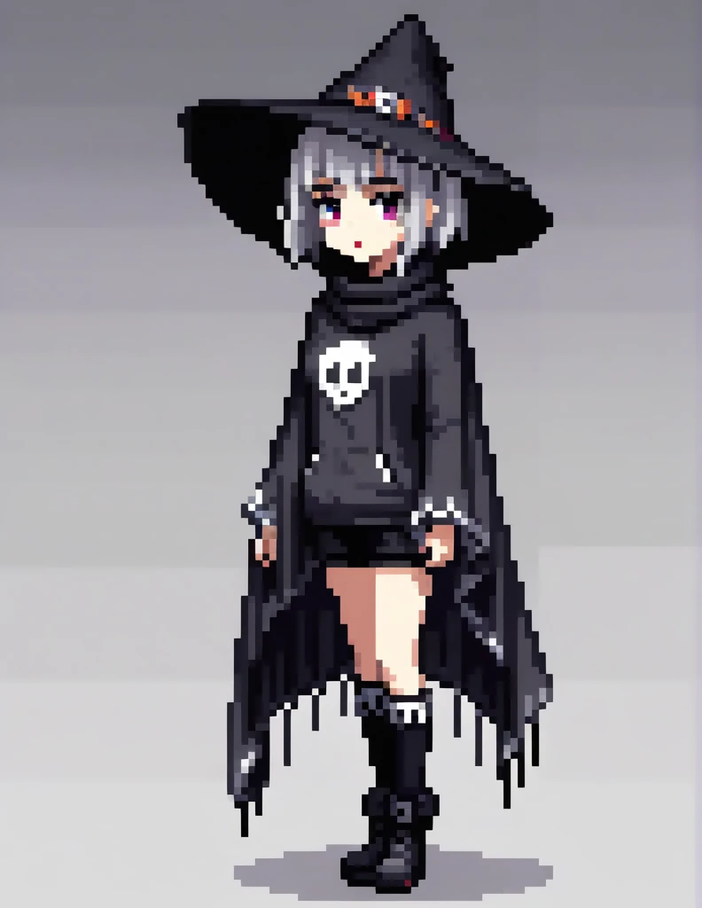 (Pixel art:1.2), 1girl,poncho,short hair, gothic makeup, black lipstic,silver hair, coboy hat, scarf,garami, medium breast, tomboy, standing, full body