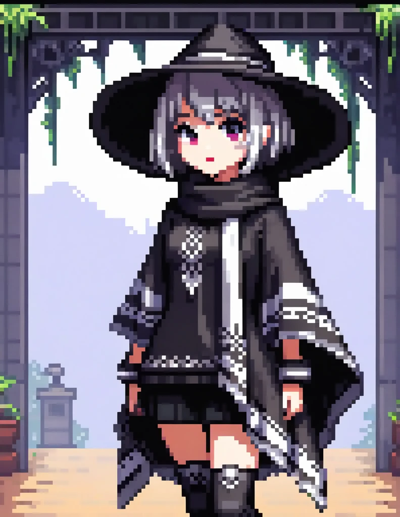(Pixel art:1.2), 1girl,poncho,short hair, gothic makeup, black lipstic,silver hair, coboy hat, scarf,garami, medium breast, tomboy, standing, full body