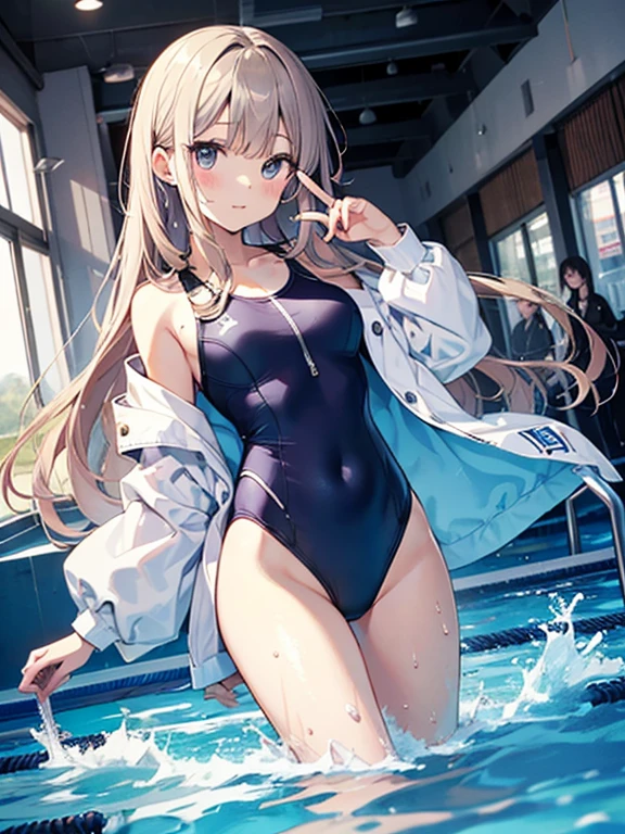((2D Beautiful Girl、highest quality、Perfect Finger 1.3、Perfect Anatomy 1.3、Very delicate and beautiful illustrations))、Cute  girl、(Conversion Sequence)、((Swimwear))、14 years、Slender beautiful girl、Fractal Art、Baby Face、((Straight Long Hair))、Big droopy eyes、Laughter、Full-body display、（1 person）、Long sleeve、School swimming pool、standing、